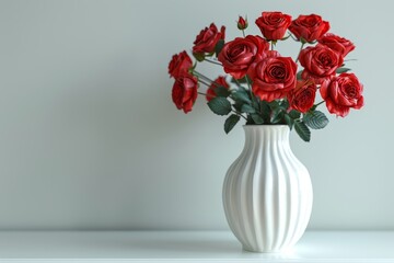 a white vase with red roses on the table against a white background