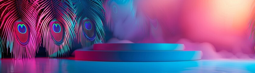 Peacock feather backdrop with blue platform, Pop Art, Bold colors, Graphic design, High contrast and retro style 8K , high-resolution, ultra HD,up32K HD