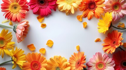 Vibrant gerbera daisies in shades of red, orange, and yellow frame a white background with scattered petals, depicting bright springtime beauty.