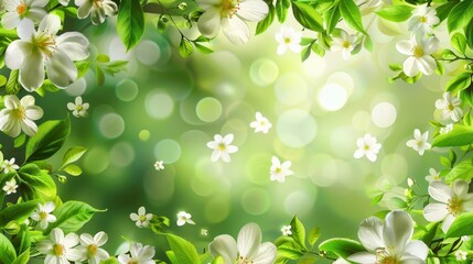 Beautiful spring background with white flowers and green leaves, perfect for seasonal greeting cards, nature invitations, or floral designs.