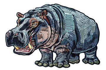 Fototapeta premium Intricately Embroidered Hippopotamus Patch - Vibrant Textile Art Representation of a Majestic Animal