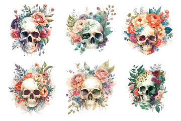 Clipart of skulls with flowers. Watercolor clipart. Flowers and skulls on a white background. Clipart for design.