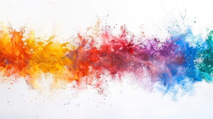 Obraz premium Vibrant Holi color powder explosion in panoramic rainbow hues against a pristine white backdrop.