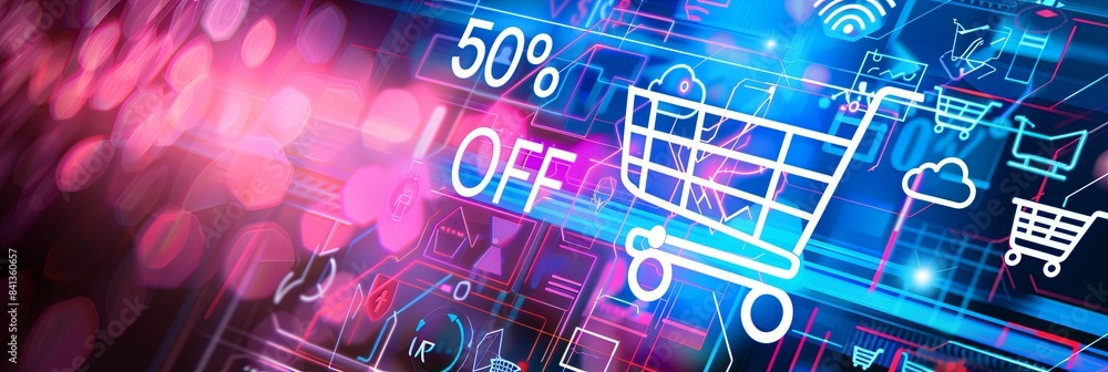 Poster a vibrant digital background showcasing a shopping cart and 50% off text, representing online sales.