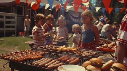 A family gathers in a backyard adorned with American flags and decorations, enjoying a festive barbecue on Independence Day. The grill is loaded with burgers and hotdogs as children play nearby.