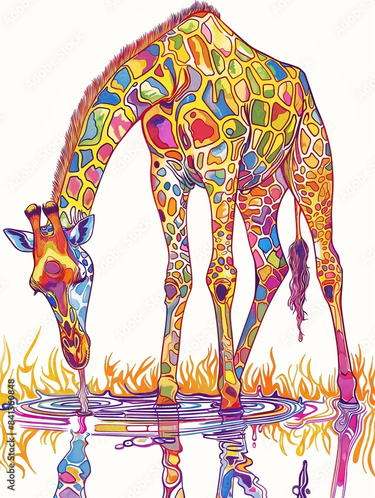 Poster a colorful giraffe drinking from a water source, featuring bright and abstract patterns throughout.