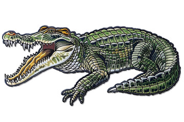 Naklejka premium Detailed Illustration of a Ferocious Green Alligator with Open Mouth and Sharp Teeth