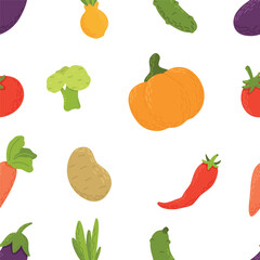 Seamless background with hand drawn vegetables. Flat cabbage, tomatoes, onion, carrot. Vegetarian healthy food texture. Vegan, farm-raised, organic, detox