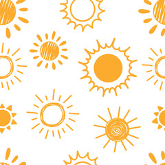 Stylized sun with on white background. Stylish simple abstract texture. Vector seamless pattern with sun. Doodle style. For textiles, clothing, bed linen, office supplies.