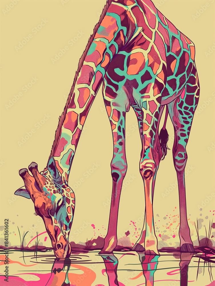 Poster brightly colored giraffe with a psychedelic pattern drinks from a reflective water source.