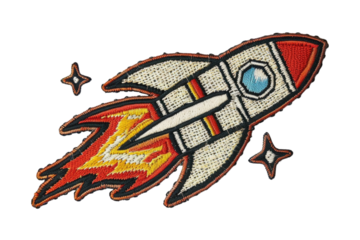 Colorful Rocket Embroidered Patch with Stars and Clouds - Cartoon Space-themed Iron-on Design