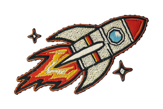 Colorful Rocket Embroidered Patch with Stars and Clouds - Cartoon Space-themed Iron-on Design