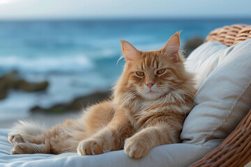 Obraz premium Cat is resting on a sun lounger close up against the background of the sea coast
