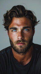 Obraz premium Handsome young man with a beard and stunning blue eyes looks directly at the camera