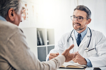 Consultation, man and doctor in office with conversation, help and advice for health insurance. Clinic, senior patient and medical professional at desk with support, trust and healthcare at checkup