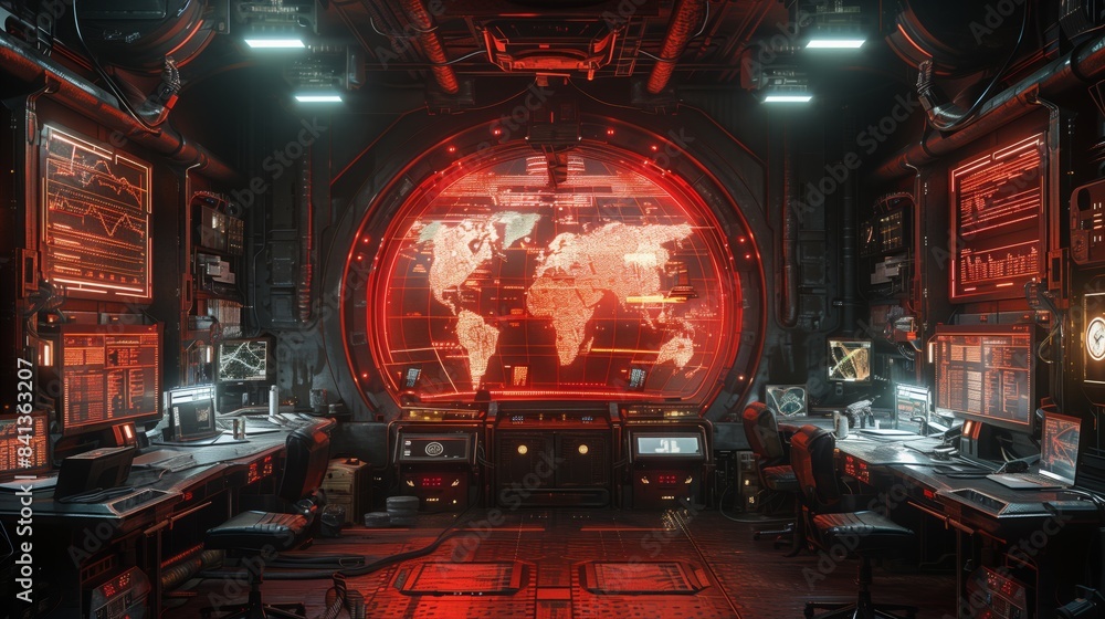 Poster a futuristic cyberpunk control room with red neon lights and a large circular display showing a digi