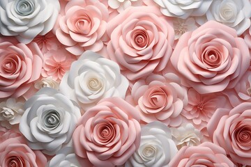 Background of white and soft pink roses, creating a serene and elegant floral composition.