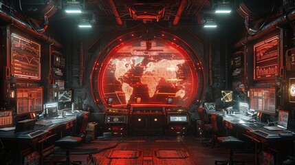 A futuristic cyberpunk control room with red neon lights and a large circular display showing a digital map of the world.