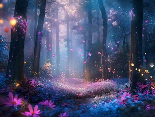 A mystical forest bathed in soft light, with glowing butterflies and vibrant flowers creating a magical atmosphere