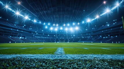Football stadium illuminated by lights.