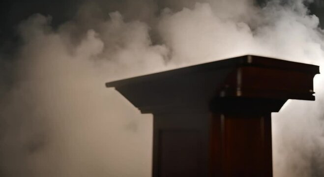 A sleek black podium rising from a mist of dark smoke
