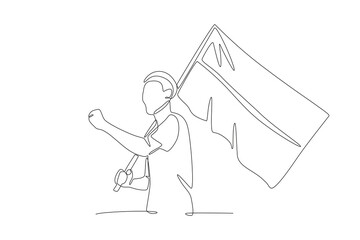 An enthusiastic man holding an Indonesian flag. Indonesia independence day concept one-line drawing