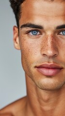 Obraz premium A close-up view of a man focusing on his striking blue eyes