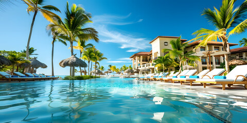Luxurious resort pool with sun loungers and palm trees under a clear blue sky