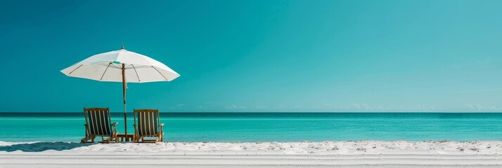 White Sandy Beach with Umbrella, Ideal for Summer Getaway and Tropical Vacation Themes