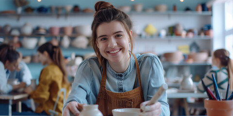 Young woman takes part in pottery class