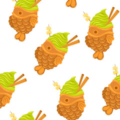Matcha ice cream seamless pattern on green matcha background. Vector for for fabric, textiles, wrapping paper, cover, banner