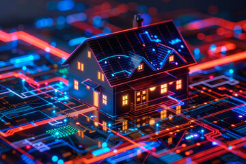 Obraz premium Installation diagram for a smart home with a telephone interface in the center. House icon with connected lines leading to various smart devices, 