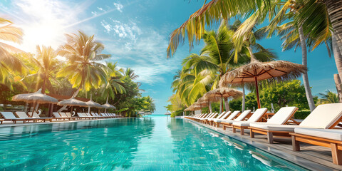 Fototapeta premium Luxurious resort pool lined with sun loungers and shaded by palm trees