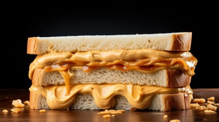 Photograph of a peanut butter sandwich on white bread, with a clear background.