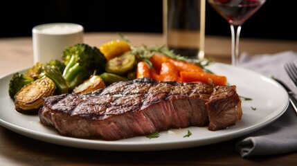 Photograph of a perfectly cooked ribeye steak on a white plate, with a side of roasted vegetables and a glass of red wine.