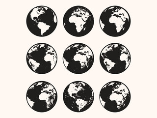 Set of collection Round Earth Globe Silhouette World Map Icons