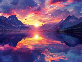 Dramatic Sunset over Majestic Mountain Ridge with Vibrant Reflection on Tranquil Lake Serene Natural Landscape Beauty