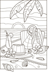 Summer vacation theme. Summer beach elements. Vector line art. Coloring book antistress for children and adults