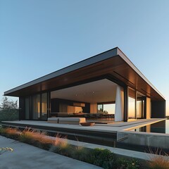 Fototapeta premium This image shows a modern house with an open-plan design, featuring large sliding glass doors and a seamless indoor-outdoor living space.