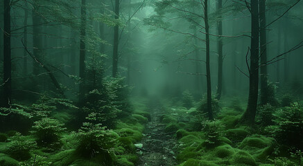 Obraz premium Magical and aesthetic dark green forest, small grey stones between trees, light fog, natural light. Generative AI.