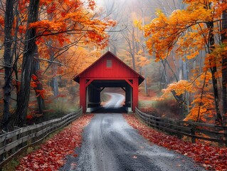 Charming Covered Bridge Framed by Vibrant Autumn Foliage in Serene Forest Landscape