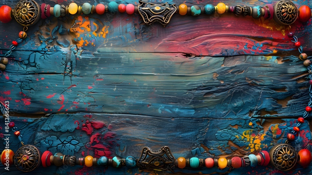 Poster vibrant bohemian style frame with colorful beads and eclectic patterns perfect for photograph backgr