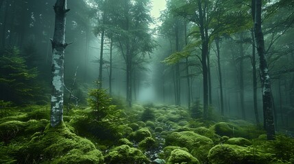 Magical and aesthetic dark green forest, small grey stones between trees, light fog, natural light. Generative AI. - Powered by Adobe