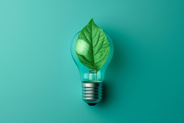 A green bulb, adorned with a green leaf and an energy-saving icon, a green eco lighting concept, minimalist collages, bright backgrounds