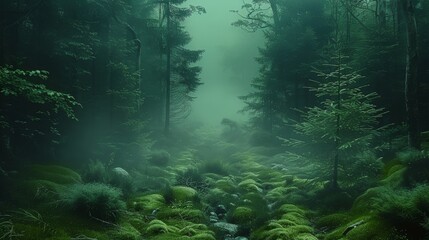 Obraz premium Magical and aesthetic dark green forest, small grey stones between trees, light fog, natural light. Generative AI.