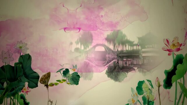 Fantasy bright ambience landscape of beautiful morning sky, mountains, flowers, lake, ancient house with simple animation in Japanese Chinese anime watercolour style.