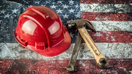 World Labor Day: Tools and Hard Hat on American Flag Background