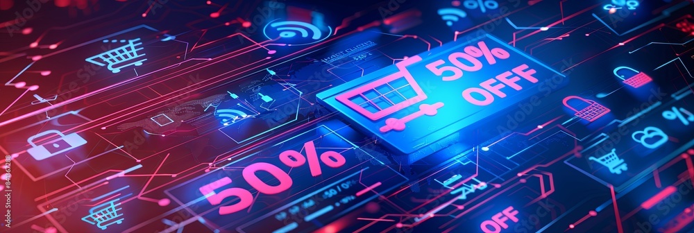 Poster an abstract background representing a digital sale with shopping carts, product icons, and a bold 50