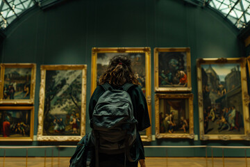 Fototapeta premium a woman with a backpack looking at paintings
