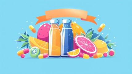 Colorful illustration of fruit juices, pills, and fresh fruits on a blue background. Ideal for health, wellness, and nutrition content.